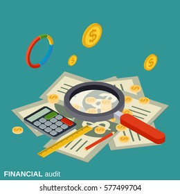 Financial audit, analytics, control, statistics flat isometric vector concept illustration