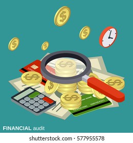 Financial audit, analytics, control, statistics flat isometric vector concept illustration