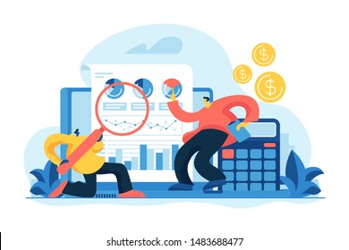 Financial And It Audit. Auditors Learning Fin Data Of The Company And Analyzing Charts. Financial Statement, Independent Auditor, IT Business Solutions Concept. Vector Isolated Concept Illustration