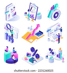 Financial audit. Budget graph, report data. Workers inspecting or analyzing graphs, charts and diagrams. Employees doing calculations and audit, business management isolated 3d isometric vector set