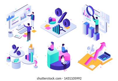 Financial audit. Budget graph, tax expert and business finance balance valuation. Managment calculation, financial accounting or audit tax service. Isometric 3D vector illustration icons set