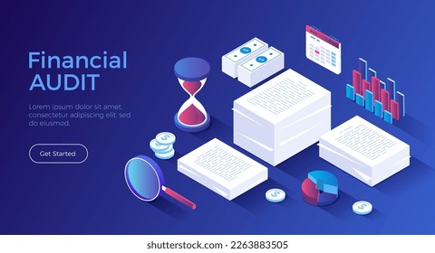 Financial audit and business analysis concept. Documents with charts graphs, magnifying glass, calendar, money, coins, hourglass. Isometric landing page. Vector web banner.	
