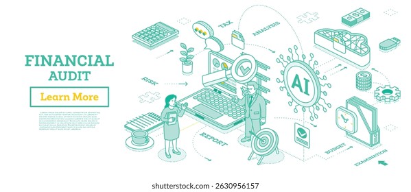 Auditoria financeira e análise de negócios com a integração da tecnologia de IA. Ilustração vetorial. Empresária detentora de documentos. Homem de negócios perto do notebook. Ícones para imposto, risco, orçamento.