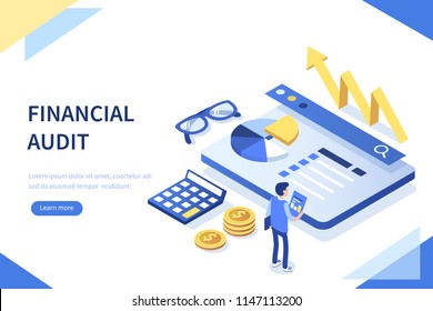 Financial audit business concept with character. Can use for web banner, infographics, hero images.  Flat isometric vector illustration isolated on white background.