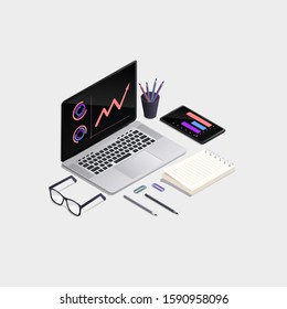 Financial audit business concept vector. Isometry. Keyboard, pencil, monitor, system, programming, notebook, glasses.