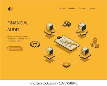 Financial audit of business process. Isometric image on an isolated yellow background, check-list visualization, interaction of financial indicators, vector.