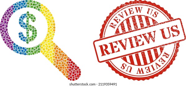 Financial audit collage icon of round items in various sizes and spectrum color tints. Red round distress seal stamp with Review Us phrase. A dotted LGBT- colored financial audit for lesbians,