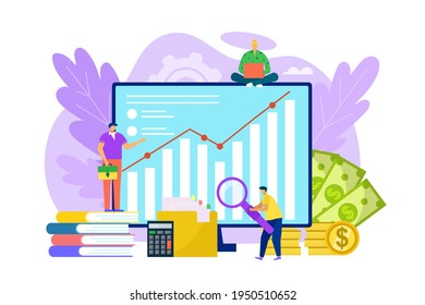 Financial audit at computer, vector illustration. Business finance data concept, people worker character make analysis and flat report.