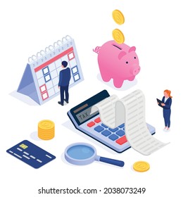 Financial Audit Concept With Banking Statement Symbols Isometric Vector Illustration