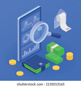 Financial audit concept with budget inspection symbols isometric vector illustration