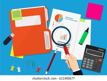 Financial audit concept. Calculation. Auditing tax process. Business background. Vector illustration in flat design