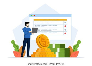 Concepto de auditoría financiera. concepto financiero. Los personajes calculan y llenan los impuestos, analizan las finanzas públicas, ponen las garrapatas en las listas de verificación. ilustración vectorial plana sobre fondo blanco.