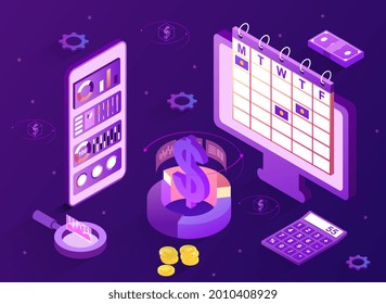 Financial Audit Concept. Tax Report Based On The Received Profit And Statistical Data. Computer, Phone, Calculator, Dollar. Cartoon Flat Isometric Vector Illustration Isolated On A White Background