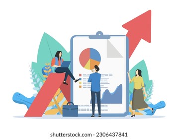 Financial Audit concept, with a team of business people doing company financial evaluation, Suitable for landing page, UI, web, app intro card, editorial, flyer and banner, Vector Illustration.