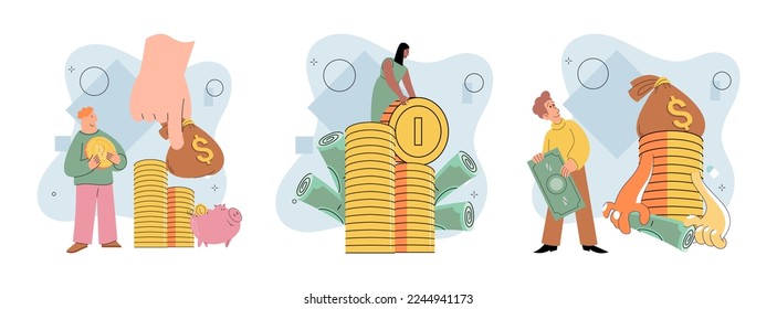 Financial audit concepts set. Character calculates and fills taxes from, analyzes public finances, puts tick in document. Economic fall and rise. Person earns and multiplies money. Achieving success