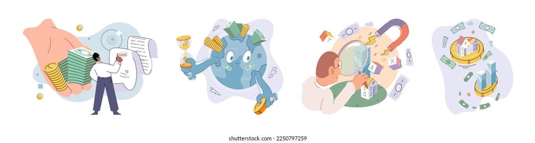 Financial audit concepts set. Character calculates and fills taxes from, analyzes public finances, puts tick in document. Economic fall and rise. Person earns and multiplies money. Achieving success