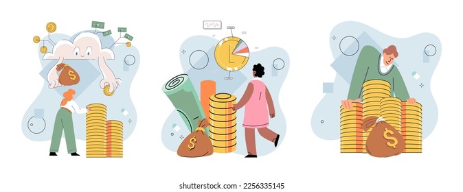 Financial audit concepts set. Character calculates and fills taxes from, analyzes public finances, puts tick in document. Economic fall and rise. Person earns and multiplies money. Achieving success