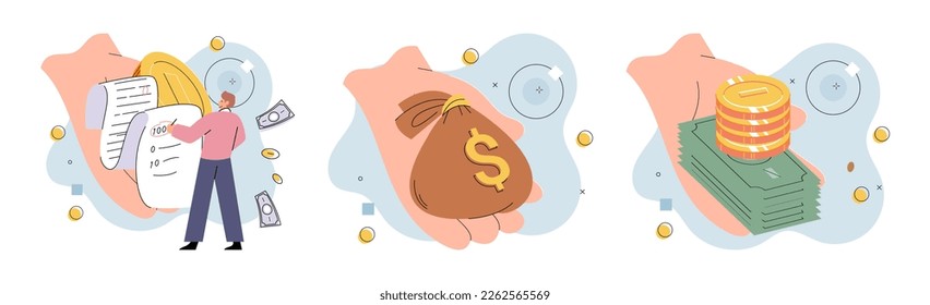Financial audit concepts set. Character calculates and fills taxes from, analyzes public finances, puts tick in document. Economic fall and rise. Person earns and multiplies money. Achieving success