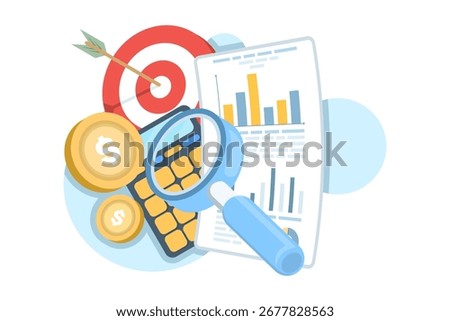 Financial audit and data analysis concept. Accountant reviewing reports, diagrams, and charts for business budget, market statistics, and performance evaluation in a modern illustration.