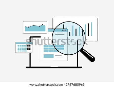 Financial audit with data analysis dashboard and charts for business reporting. Financial audit with document inspection and performance metrics for accounting control vector illustration