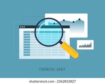 Financial Audit and Expert Accounting. Budget Calculation, Profit-Loss Analysis Audit and Financial Report Generation by Business Accountants. Vector illustration on blue background with icons svg