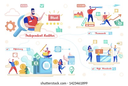 Financial Audit Flat Cartoon Banner Vector Illustration. Independent Auditor Holding Document Papers. Teamwork, Efficiency, High Standarts. Male Character with Telescope. Safe. Doing Research.