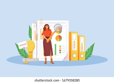 Financial audit flat concept vector illustration. Professional financier, business analyst 2D cartoon character for web design. Economic analysis, budget assessment, accounting creative idea