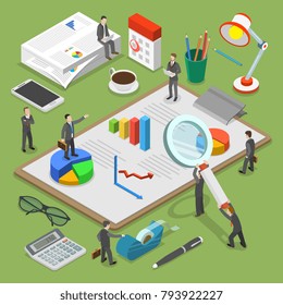 Financial audit flat isometric vector concept. People surrounded by some office stuff are investigating and discussing some financial documents.