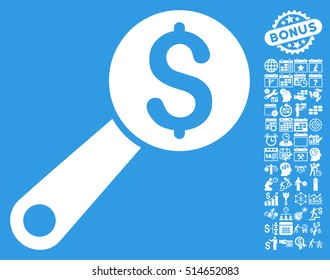 Financial Audit icon with bonus calendar and time management symbols. Vector illustration style is flat iconic symbols, white color, blue background.