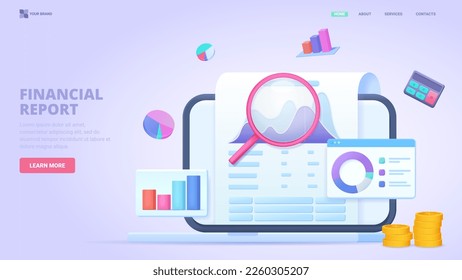 Financial audit, income growth, business plan, financial report, accountant service, personal financial consultant.Three dimensional design concept for landing page. 3d vector illustration for website