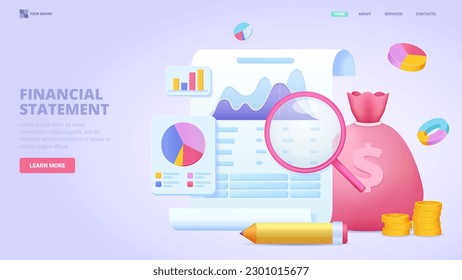 Financial audit, income growth, business plan, financial report, accountant service, personal financial consultant.Three dimensional design concept for landing page. 3d vector illustration for website