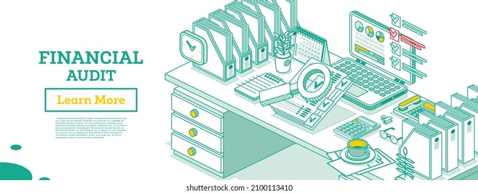 Financial Audit. Isometric Business Concept. Account Tax Report. Laptop with Calendar and Magnifier. Vector Illustration. Documents Under Magnifying Glass. Office Table with Paper Trays.