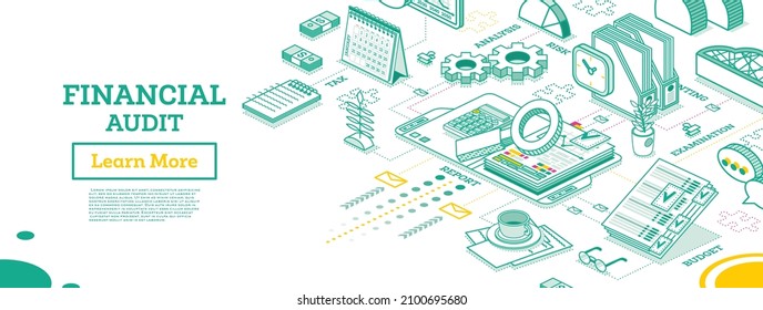 Financial Audit. Isometric Business Concept. Account Tax Report. Open Folder with Documents. Calendar and Magnifier. Vector Illustration. Report Under Magnifying Glass. Calculating Balance.