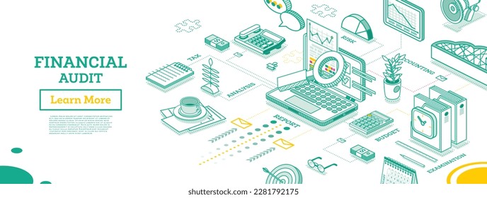 Auditoría Financiera. Concepto de negocios isométrico. Informe de impuestos de cuenta. Abrir portátil con documentos. Calendario y amplificador. Ilustración vectorial. Informe Bajo Vidrio De Aumento. Calculando el saldo.