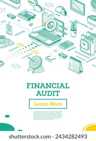 Financial Audit. Isometric Business Concept. Account Tax Report. Open Laptop with Documents. Calendar and Magnifier. Vector Illustration. Report Under Magnifying Glass. Calculating Balance.