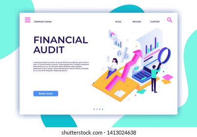 Financial audit landing page. Tax management, business consultant service and finance accounting isometric vector illustration