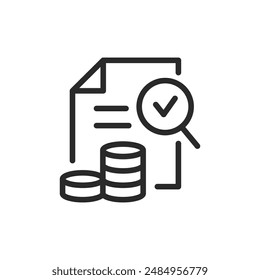 Financial audit, linear style icon. Document with charts and coins, magnifying glass with checkmark. Editable stroke width