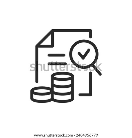 Financial audit, linear style icon. Document with charts and coins, magnifying glass with checkmark. Editable stroke width