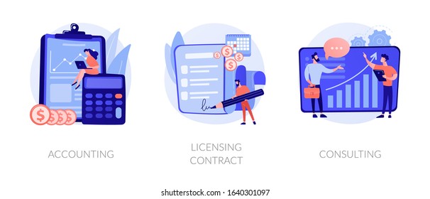 Financial audit and literacy. Financier, banker advising, bookkeeping. Agreement signing. Accounting, licensing contract, consulting metaphors. Vector isolated concept metaphor illustrations