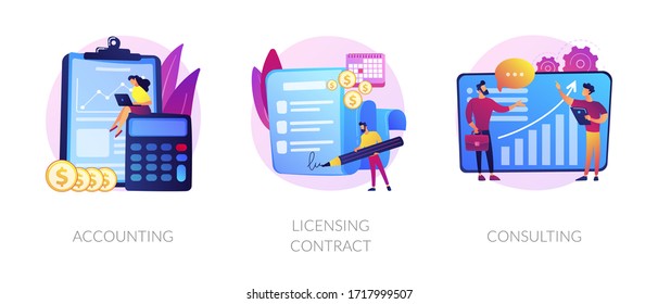 Financial audit and literacy. Financier, banker advising, bookkeeping. Agreement signing. Accounting, licensing contract, consulting metaphors. Vector isolated concept metaphor illustrations