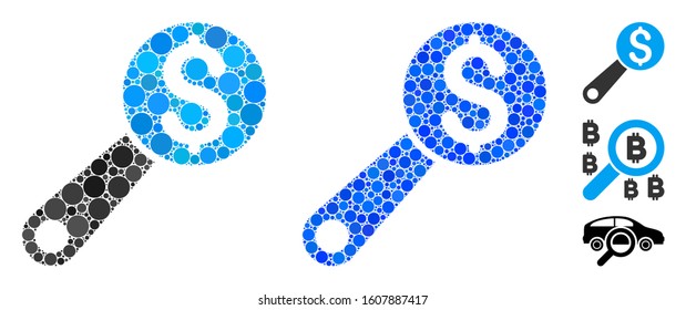 Financial audit mosaic of round dots in variable sizes and color tints, based on financial audit icon. Vector round dots are grouped into blue collage.