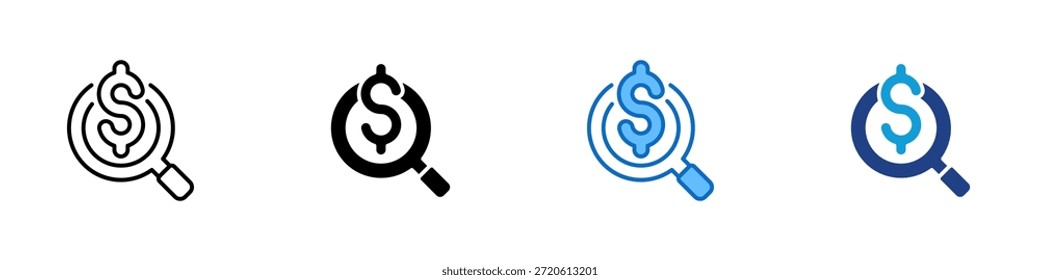 Auditoría financiera Vector de diseño de íconos de estilo múltiple: lupa sobre un signo de dólar que simboliza la inspección financiera, el control presupuestario y el análisis de dinero