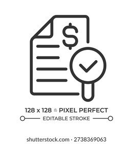 Financial audit pixel perfect line icon. Evaluation of organization statements and records. Commercial activity. Isolated vector illustration. Outline symbol. Simple linear drawing. Editable stroke