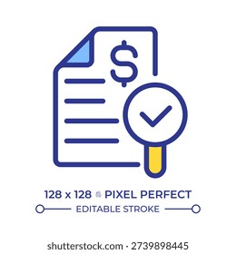 Financial audit pixel perfect line color icon. Evaluation of organization statements and records. Commercial activity. Isolated vector illustration. Flat colorful symbol design. Editable stroke