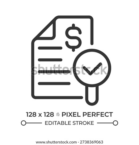 Financial audit pixel perfect line icon. Evaluation of organization statements and records. Commercial activity. Isolated vector illustration. Outline symbol. Simple linear drawing. Editable stroke