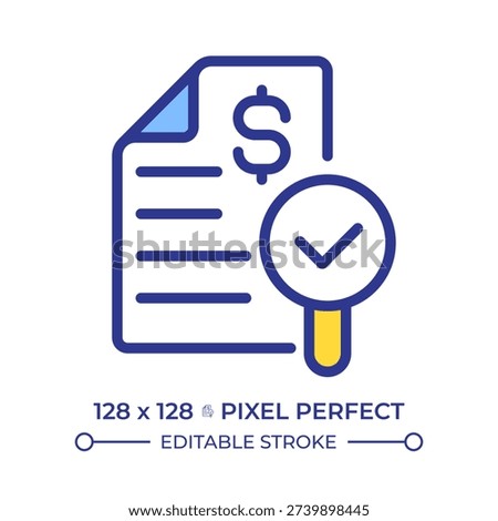 Financial audit pixel perfect line color icon. Evaluation of organization statements and records. Commercial activity. Isolated vector illustration. Flat colorful symbol design. Editable stroke
