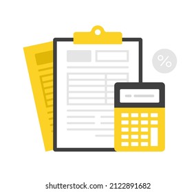 Financial audit, financial report. Flat vector illustration. Clipboard with document and calculator