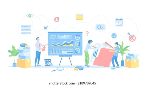 Financial Audit Reporting Accounting. The auditor checks the documents of the company. Financial reporting team prepares the annual financial statements. Vector illustration flat style.