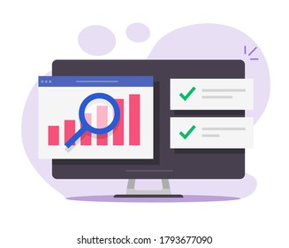 Informe de análisis de la auditoría financiera en línea en computadoras de escritorio, análisis web de pc informe digital plano de vector, inspección estadística del mercado de finanzas de la contabilidad, icono de concepto de evaluación de la calidad
