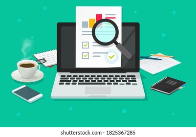 Financial audit research analysis sales data report online on laptop computer vector, pc analytics document web report flat concept, accounting market statistic inspection, quality stats evaluation